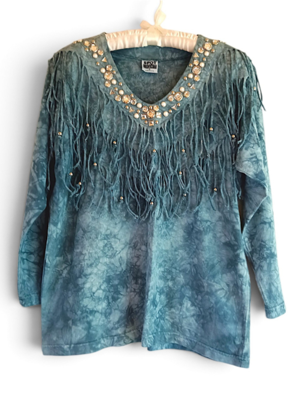 vintage teal tie-dye long-sleeve top western glam fringe rhinestones 90s country